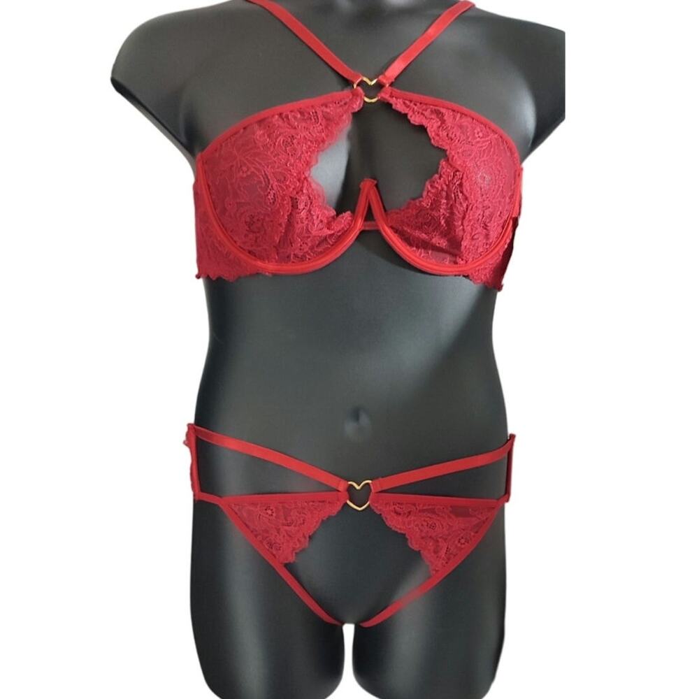 Frederick's of Hollywood Lover Floral Lace Bra Set Red Size L/XL New